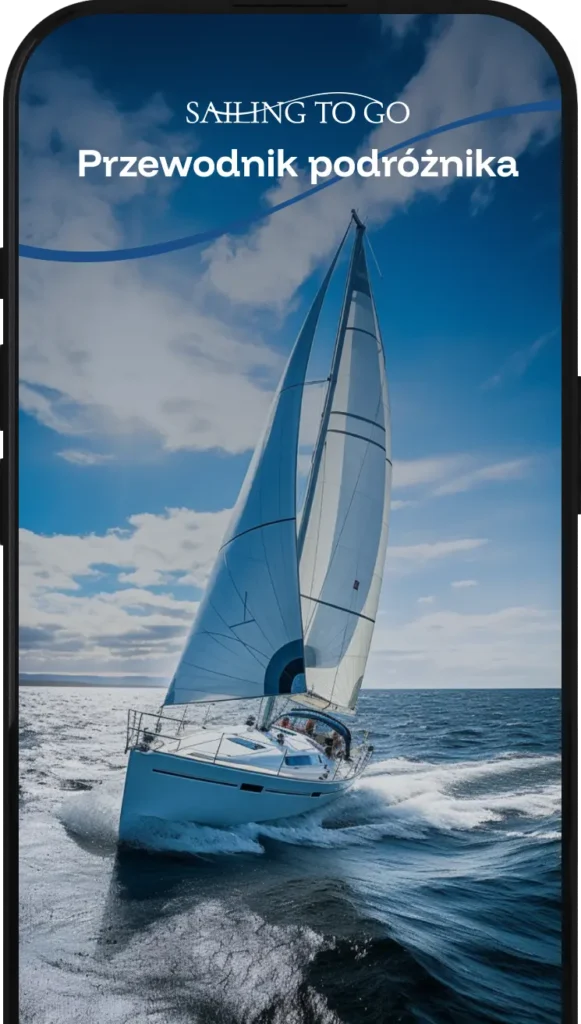 Przewodnik podróżnika Sailing To Go na ekranie telefonu - czarter jachtów i katamaranów w Grecji