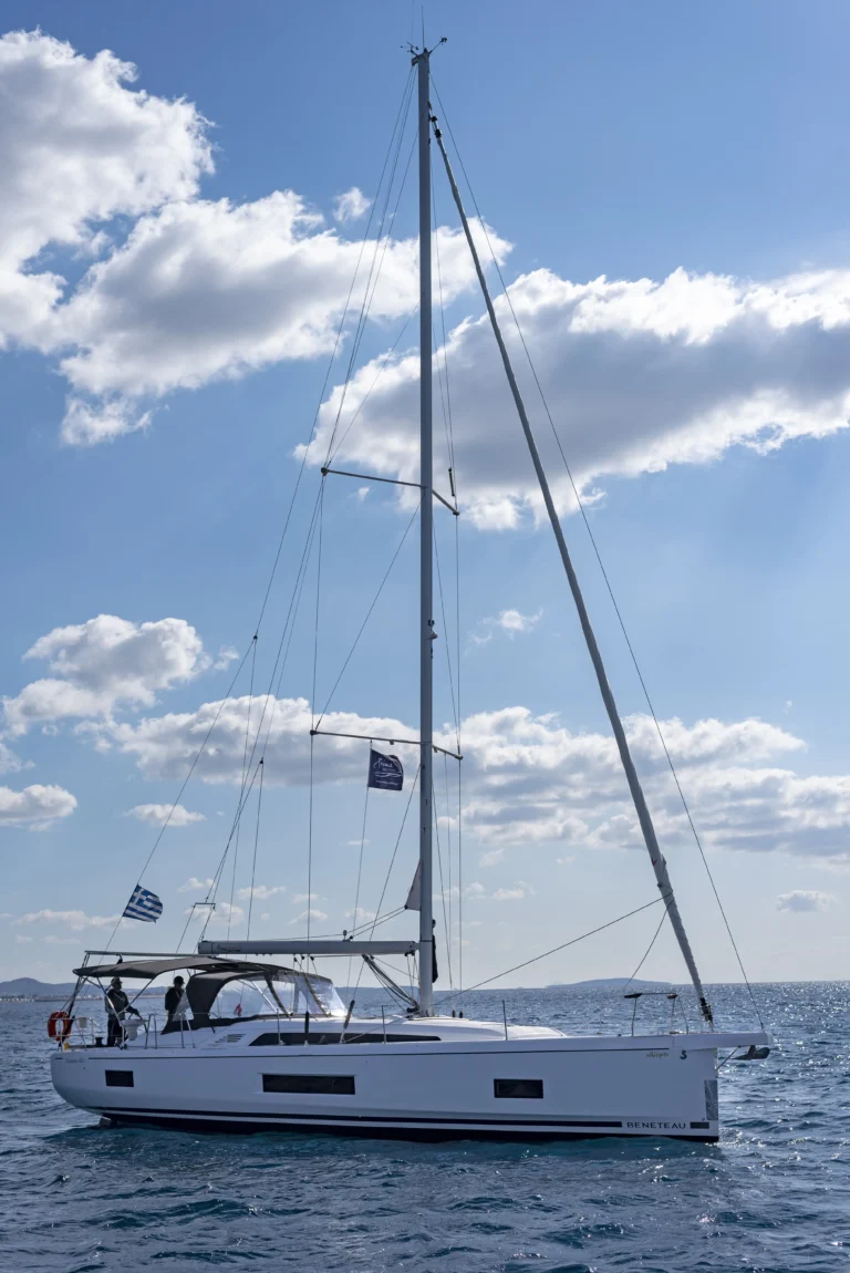 Beneteau Oceanis 46.1 starboard bow view at sea, sailing yacht underway for charter in Greece