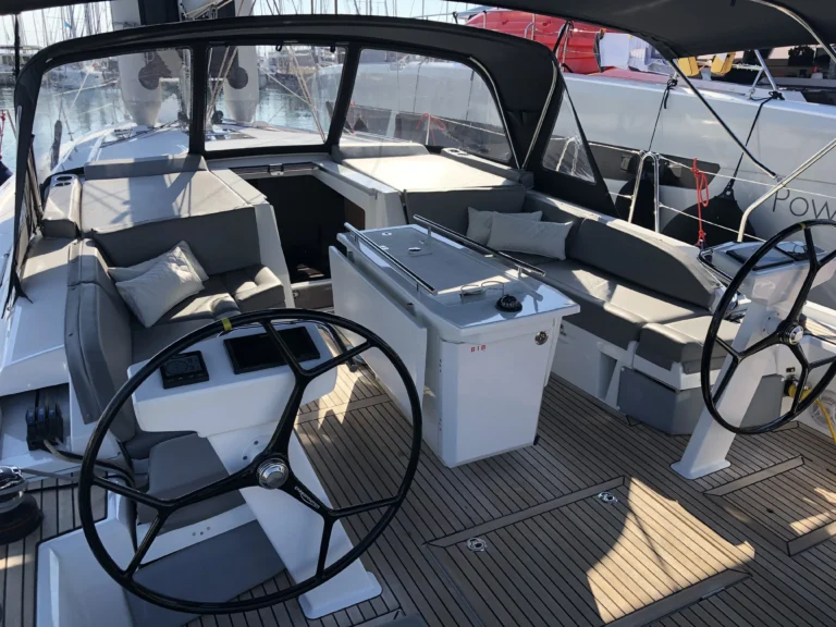 Beneteau Oceanis 46.1 cockpit view with teak deck from port side, sailing yacht for charter in Greece