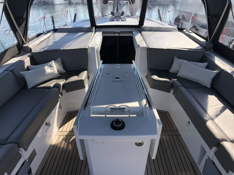 Beneteau Oceanis 46.1 cockpit view with teak deck from stern, sailing yacht for charter in Greece