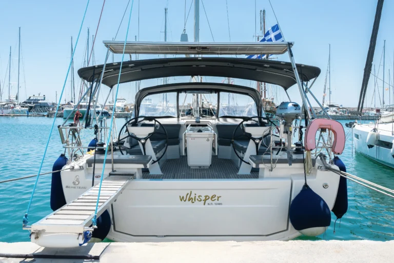 Beneteau Oceanis 46.1 - stern view with closed swim platform in the marina | Sailing To Go, yacht charter in Greece