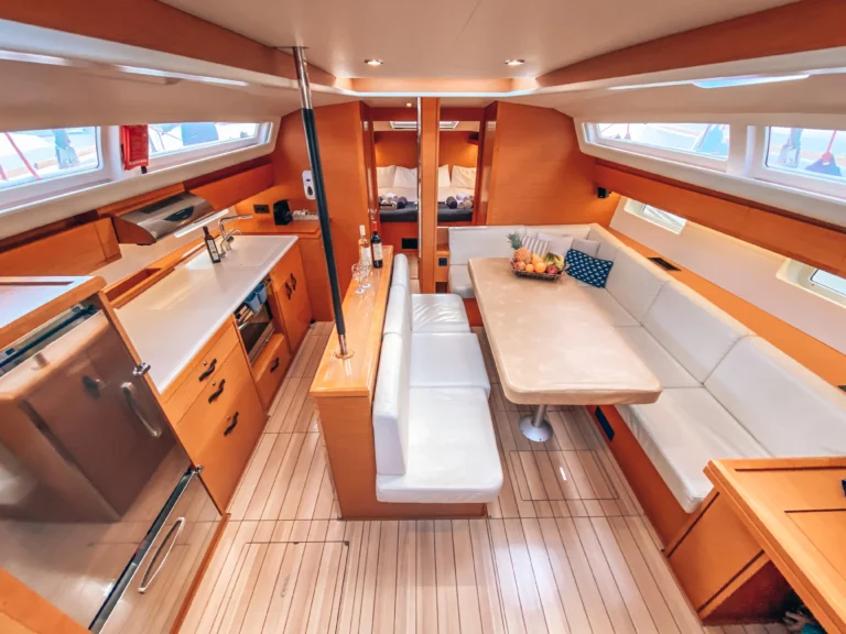 Jeanneau 54 Sea Force interior saloon overview, luxury yacht charter in Greece