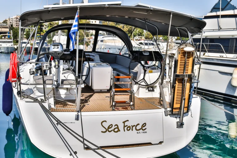 Jeanneau 54 Sea Force stern with swim platform, yacht charter in Greece