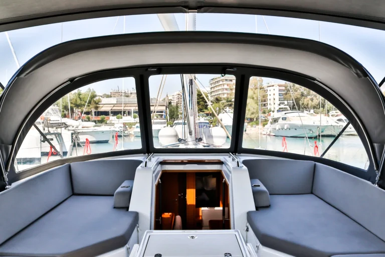 Jeanneau 54 Sea Force cockpit forward view with bimini, yacht charter in Greece