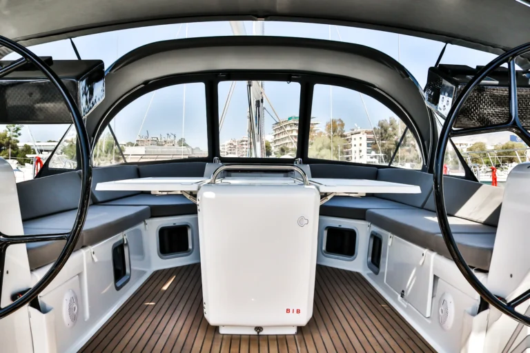 Jeanneau 54 Sea Force cockpit seating area, symmetrical layout, charter in Greece