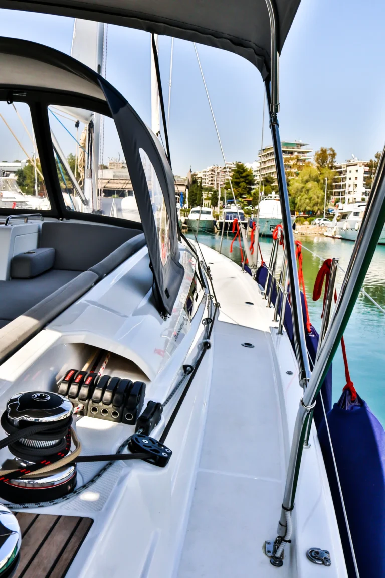 Jeanneau 54 Sea Force starboard side deck walkway at marina, charter in Greece