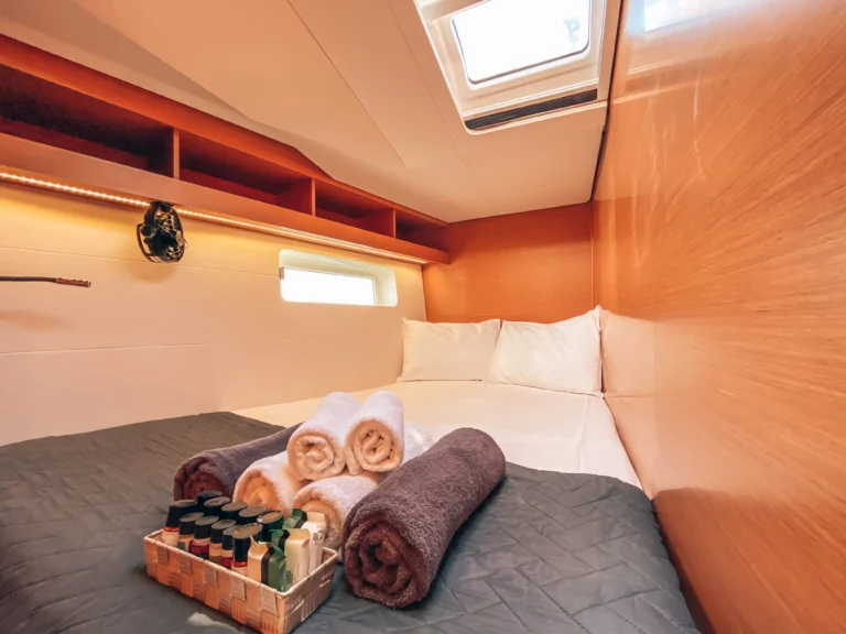 Jeanneau 54 Sea Force port forward cabin interior, sailing yacht charter in Greece