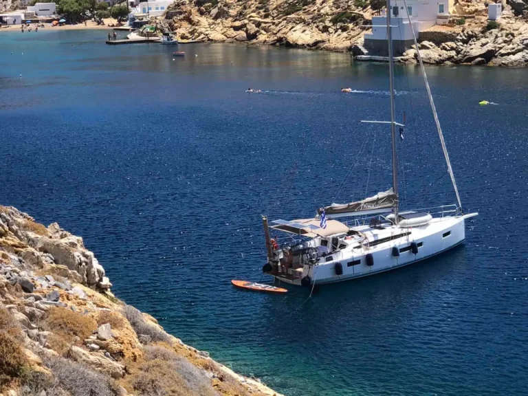 Jeanneau Sun Odyssey 410 Aquaholic at anchor in Greece, sailing yacht charter