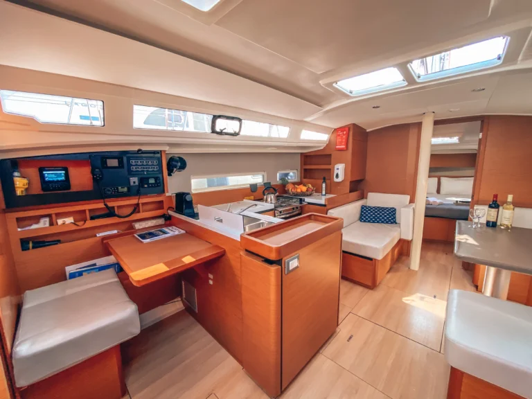 Jeanneau Sun Odyssey 410 Aquaholic saloon with navigation table for charter in Greece