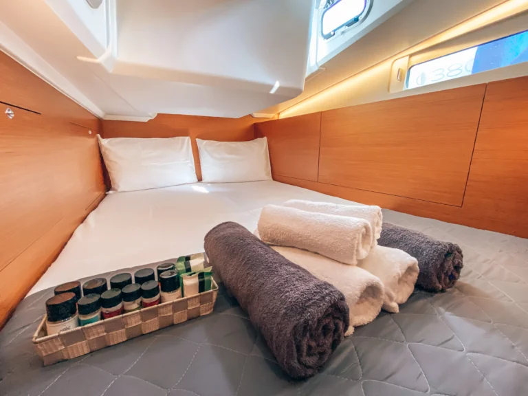 Jeanneau Sun Odyssey 410 Aquaholic port aft cabin interior for charter in Greece