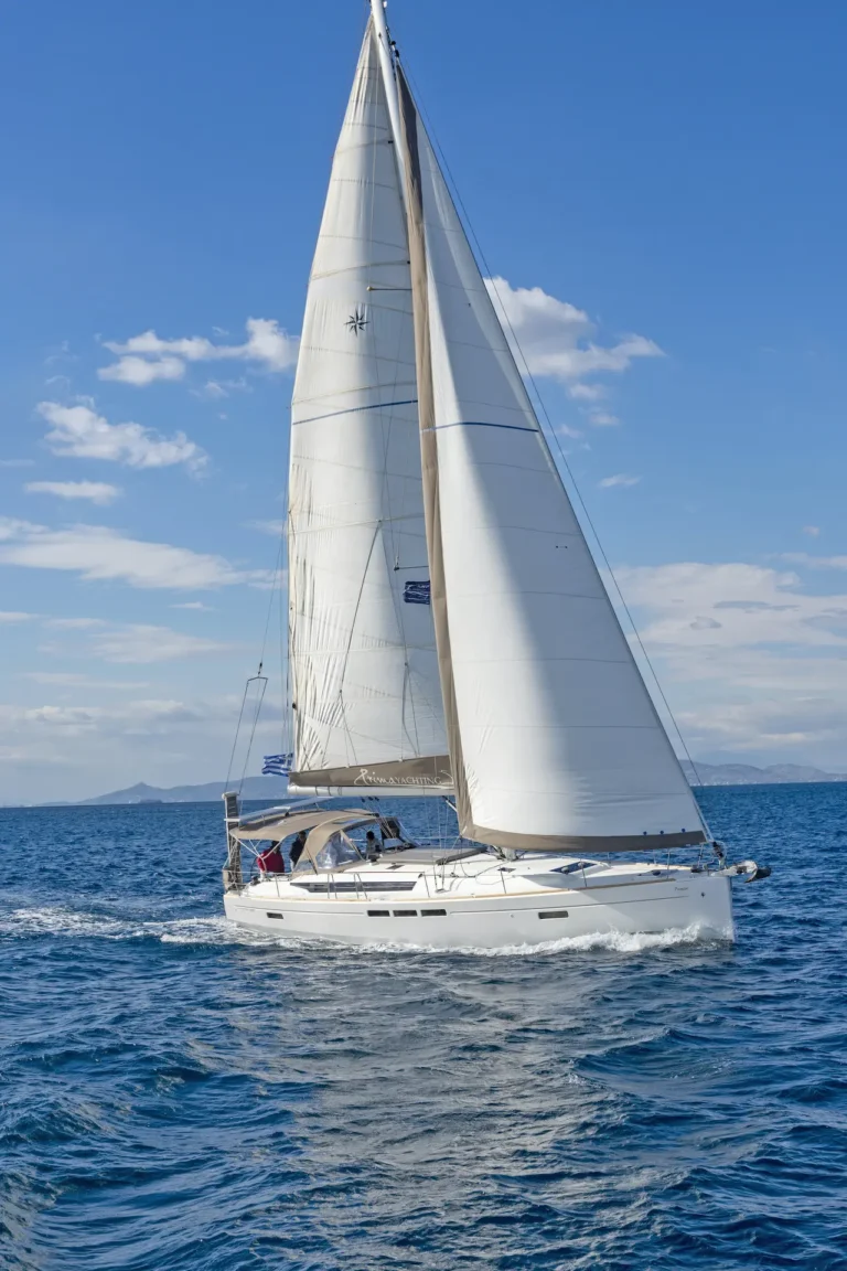 Jeanneau Sun Odyssey 509 Promise sailing yacht front view at sea for charter in Greece