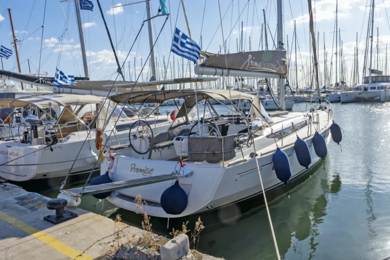Jeanneau Sun Odyssey 509 Promise stern view in marina for charter in Greece
