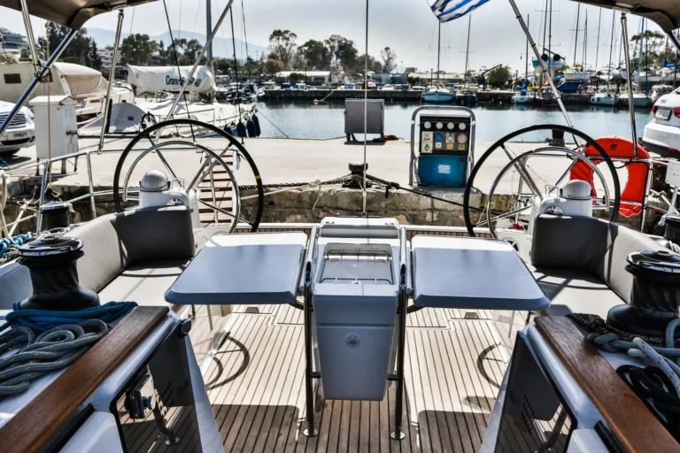 Jeanneau Sun Odyssey 509 Promise cockpit with table and twin helm stations for charter in Greece