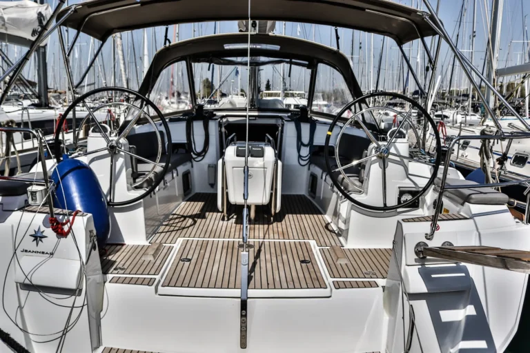 Jeanneau Sun Odyssey 509 Promise teak cockpit stern view for charter in Greece