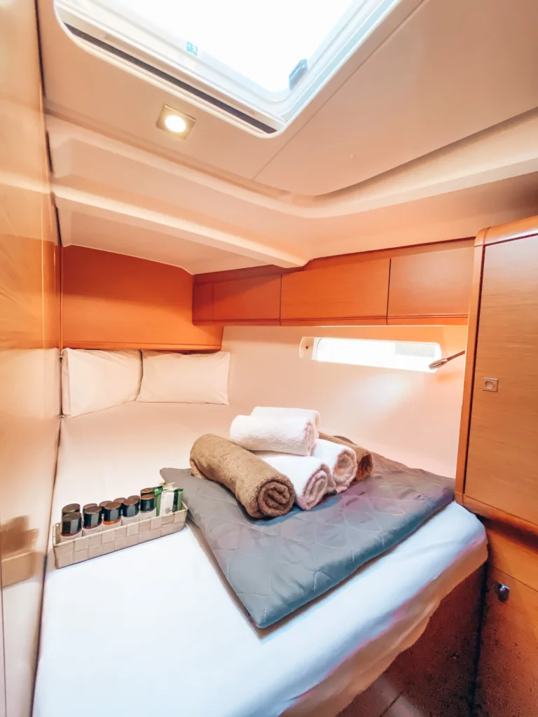 Jeanneau Sun Odyssey 509 Promise forward cabin interior view for yacht charter in Greece