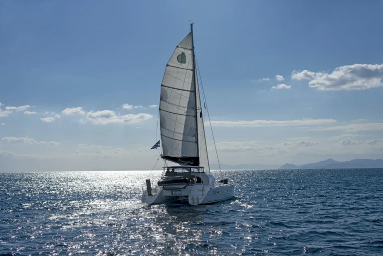 Lagoon 380 Tiny K sailing catamaran at sea, charter in Greece
