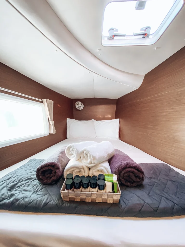 Lagoon 380 Tiny K port forward cabin interior, catamaran charter in Greece