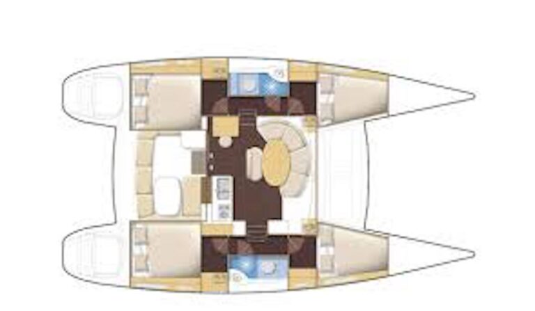 Lagoon 380 Tiny K - catamaran layout with cabins and saloon arrangement | Sailing To Go, yacht charter in Greece