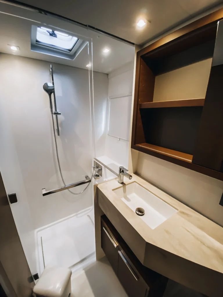 Lagoon 46 Sea Energy I bathroom with shower for catamaran charter in Greece