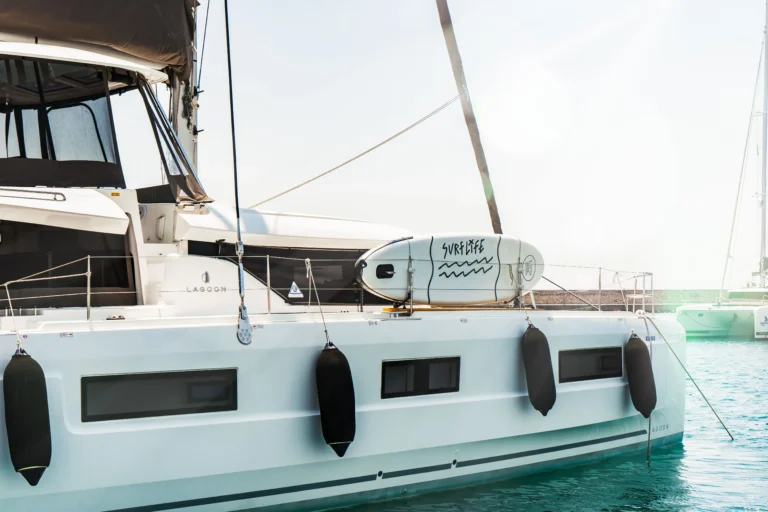 Lagoon 46 Sea Energy I hull side detail for catamaran charter in Greece