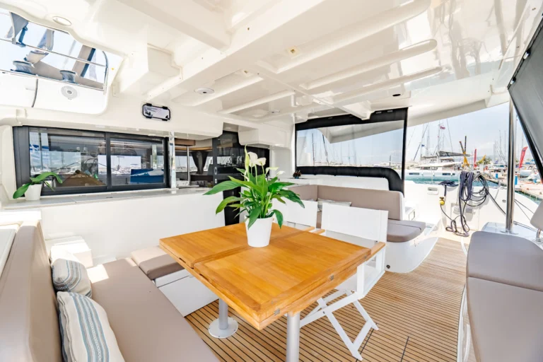 Lagoon 46 Sea Energy I cockpit dining table for catamaran charter in Greece