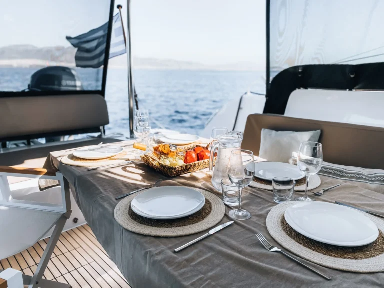 Lagoon 46 Sea Energy I cockpit table setting for catamaran charter in Greece