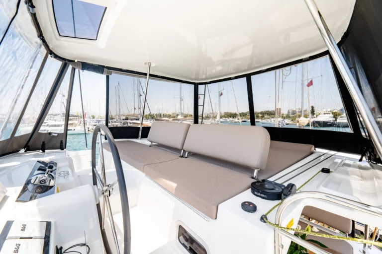 Lagoon 46 Sea Energy I flybridge lounge area for catamaran charter in Greece