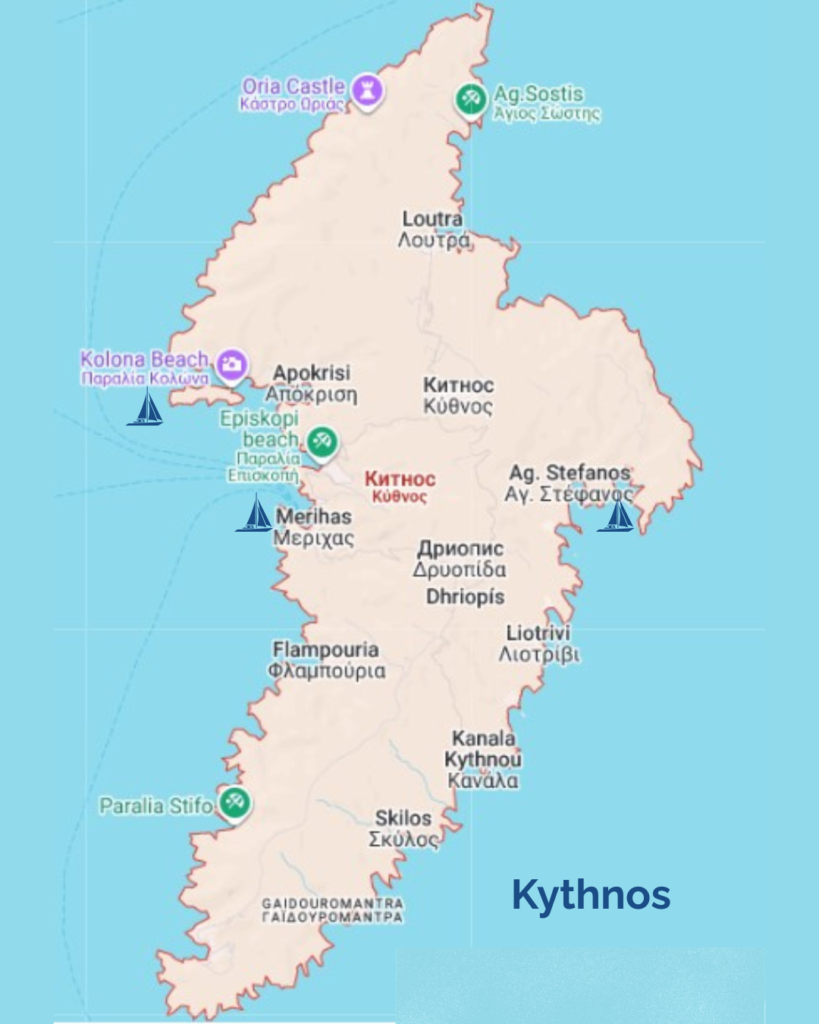 Mapa wyspy Kythnos z zaznaczonymi portami, plażami i najważniejszymi miejscami dla żeglarzy.
